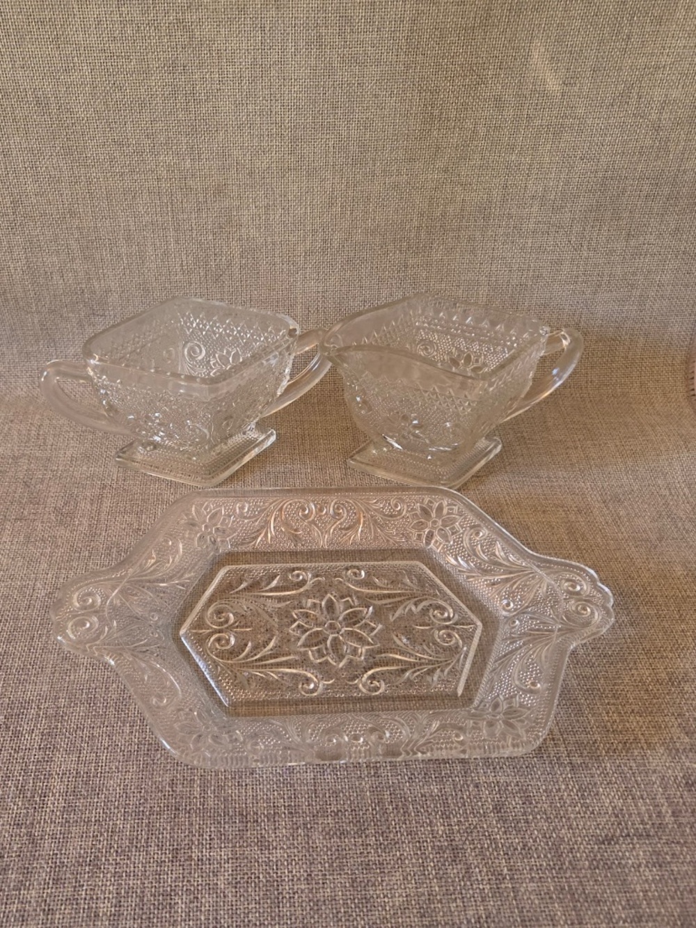 Vintage Indiana Glass Sandwich Clear Diamond Cream & Sugar With Tray